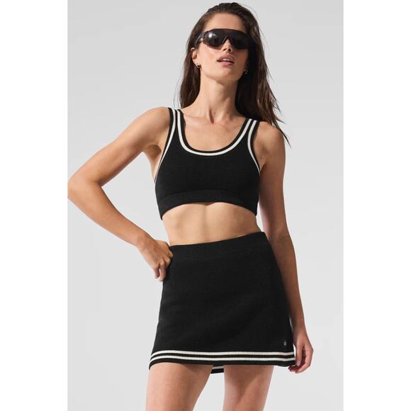 NWT $78 Alo Yoga Tennis Club Sweater Knit Bra Black White - Picture 2 of 6